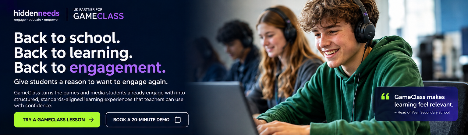 A promotional webpage banner for 'hidden needs' and 'GameClass' featuring students in a classroom setting, with text such as 'Back to school. Back to learning.