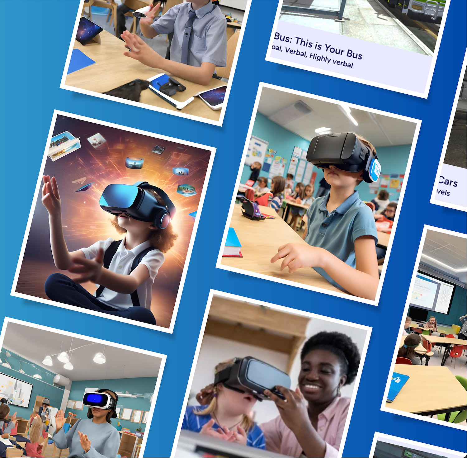 Collage of children using virtual reality (VR) devices in a classroom setting.